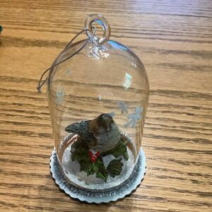 Glass Cloche Dome Bird Ornament Winter Snow Holly Holiday Decor
